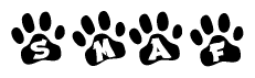 The image shows a series of animal paw prints arranged horizontally. Within each paw print, there's a letter; together they spell Smaf