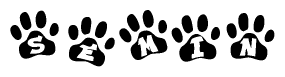 The image shows a series of animal paw prints arranged horizontally. Within each paw print, there's a letter; together they spell Semin