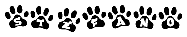 The image shows a series of animal paw prints arranged in a horizontal line. Each paw print contains a letter, and together they spell out the word Stefano.