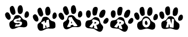 The image shows a series of animal paw prints arranged in a horizontal line. Each paw print contains a letter, and together they spell out the word Sharron.