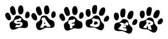 The image shows a row of animal paw prints, each containing a letter. The letters spell out the word Safder within the paw prints.