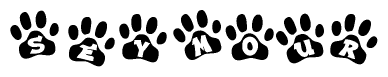 The image shows a row of animal paw prints, each containing a letter. The letters spell out the word Seymour within the paw prints.