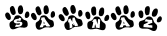 The image shows a series of animal paw prints arranged in a horizontal line. Each paw print contains a letter, and together they spell out the word Samnaz.