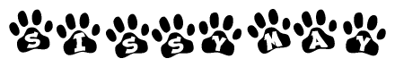 The image shows a series of animal paw prints arranged horizontally. Within each paw print, there's a letter; together they spell Sissymay