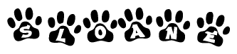 The image shows a series of animal paw prints arranged in a horizontal line. Each paw print contains a letter, and together they spell out the word Sloane.