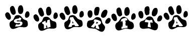 The image shows a series of animal paw prints arranged horizontally. Within each paw print, there's a letter; together they spell Sharita
