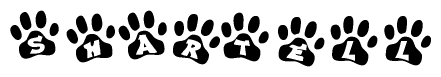 The image shows a row of animal paw prints, each containing a letter. The letters spell out the word Shartell within the paw prints.