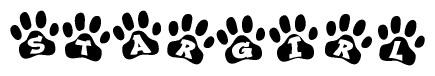 The image shows a series of animal paw prints arranged horizontally. Within each paw print, there's a letter; together they spell Stargirl