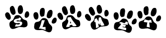 The image shows a row of animal paw prints, each containing a letter. The letters spell out the word Slamet within the paw prints.