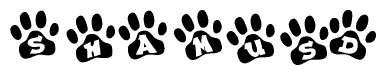 The image shows a series of animal paw prints arranged in a horizontal line. Each paw print contains a letter, and together they spell out the word Shamusd.