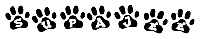 The image shows a series of animal paw prints arranged horizontally. Within each paw print, there's a letter; together they spell Supajee