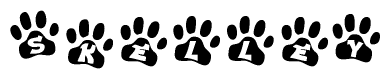The image shows a series of animal paw prints arranged horizontally. Within each paw print, there's a letter; together they spell Skelley