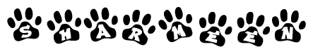 The image shows a series of animal paw prints arranged in a horizontal line. Each paw print contains a letter, and together they spell out the word Sharmeen.