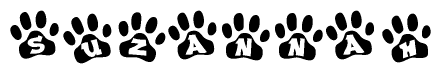 The image shows a row of animal paw prints, each containing a letter. The letters spell out the word Suzannah within the paw prints.