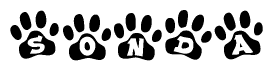 The image shows a series of animal paw prints arranged in a horizontal line. Each paw print contains a letter, and together they spell out the word Sonda.