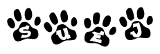 The image shows a series of animal paw prints arranged in a horizontal line. Each paw print contains a letter, and together they spell out the word Suej.