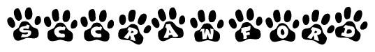 The image shows a series of animal paw prints arranged in a horizontal line. Each paw print contains a letter, and together they spell out the word Sccrawford.