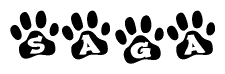 The image shows a series of animal paw prints arranged horizontally. Within each paw print, there's a letter; together they spell Saga