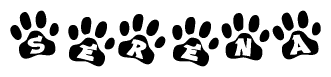 The image shows a series of animal paw prints arranged horizontally. Within each paw print, there's a letter; together they spell Serena
