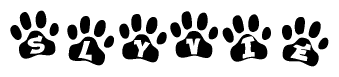 The image shows a series of animal paw prints arranged in a horizontal line. Each paw print contains a letter, and together they spell out the word Slyvie.