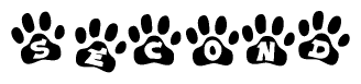 The image shows a series of animal paw prints arranged horizontally. Within each paw print, there's a letter; together they spell Second