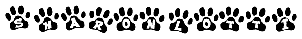 The image shows a series of animal paw prints arranged in a horizontal line. Each paw print contains a letter, and together they spell out the word Sharonlotti.