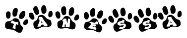 The image shows a series of animal paw prints arranged in a horizontal line. Each paw print contains a letter, and together they spell out the word Tanessa.