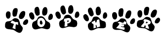 The image shows a row of animal paw prints, each containing a letter. The letters spell out the word Topher within the paw prints.