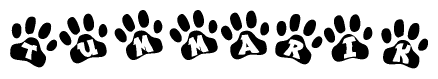 The image shows a series of animal paw prints arranged in a horizontal line. Each paw print contains a letter, and together they spell out the word Tummarik.