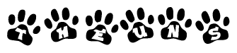 The image shows a series of animal paw prints arranged in a horizontal line. Each paw print contains a letter, and together they spell out the word Theuns.