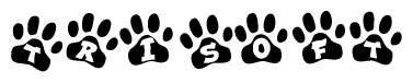 The image shows a series of animal paw prints arranged horizontally. Within each paw print, there's a letter; together they spell Trisoft