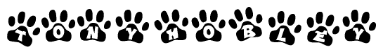 The image shows a series of animal paw prints arranged horizontally. Within each paw print, there's a letter; together they spell Tonyhobley
