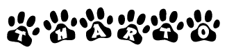 The image shows a row of animal paw prints, each containing a letter. The letters spell out the word Tharto within the paw prints.