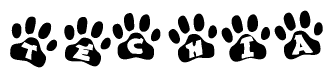 The image shows a row of animal paw prints, each containing a letter. The letters spell out the word Techia within the paw prints.