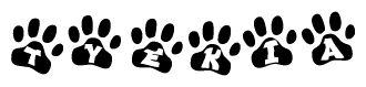 The image shows a series of animal paw prints arranged horizontally. Within each paw print, there's a letter; together they spell Tyekia