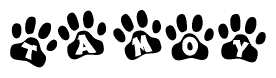 The image shows a series of animal paw prints arranged horizontally. Within each paw print, there's a letter; together they spell Tamoy