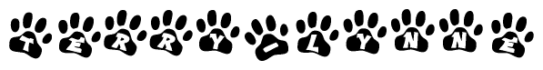 The image shows a series of animal paw prints arranged horizontally. Within each paw print, there's a letter; together they spell Terry-lynne