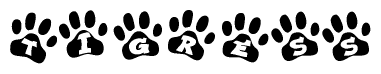 The image shows a series of animal paw prints arranged in a horizontal line. Each paw print contains a letter, and together they spell out the word Tigress.