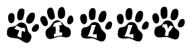The image shows a row of animal paw prints, each containing a letter. The letters spell out the word Tilly within the paw prints.