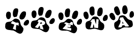 The image shows a series of animal paw prints arranged horizontally. Within each paw print, there's a letter; together they spell Trena