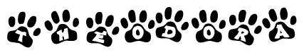 The image shows a series of animal paw prints arranged horizontally. Within each paw print, there's a letter; together they spell Theodora