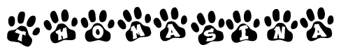 The image shows a row of animal paw prints, each containing a letter. The letters spell out the word Thomasina within the paw prints.