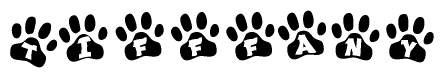 The image shows a series of animal paw prints arranged horizontally. Within each paw print, there's a letter; together they spell Tifffany