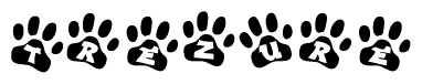 The image shows a row of animal paw prints, each containing a letter. The letters spell out the word Trezure within the paw prints.