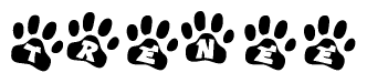 The image shows a series of animal paw prints arranged in a horizontal line. Each paw print contains a letter, and together they spell out the word Trenee.