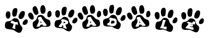 The image shows a series of animal paw prints arranged in a horizontal line. Each paw print contains a letter, and together they spell out the word Taradale.
