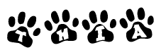 The image shows a row of animal paw prints, each containing a letter. The letters spell out the word Thia within the paw prints.