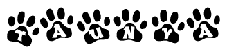 The image shows a series of animal paw prints arranged in a horizontal line. Each paw print contains a letter, and together they spell out the word Taunya.