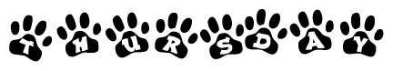 The image shows a series of animal paw prints arranged horizontally. Within each paw print, there's a letter; together they spell Thursday