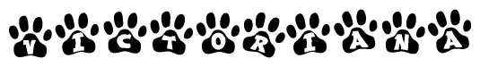 The image shows a series of animal paw prints arranged in a horizontal line. Each paw print contains a letter, and together they spell out the word Victoriana.